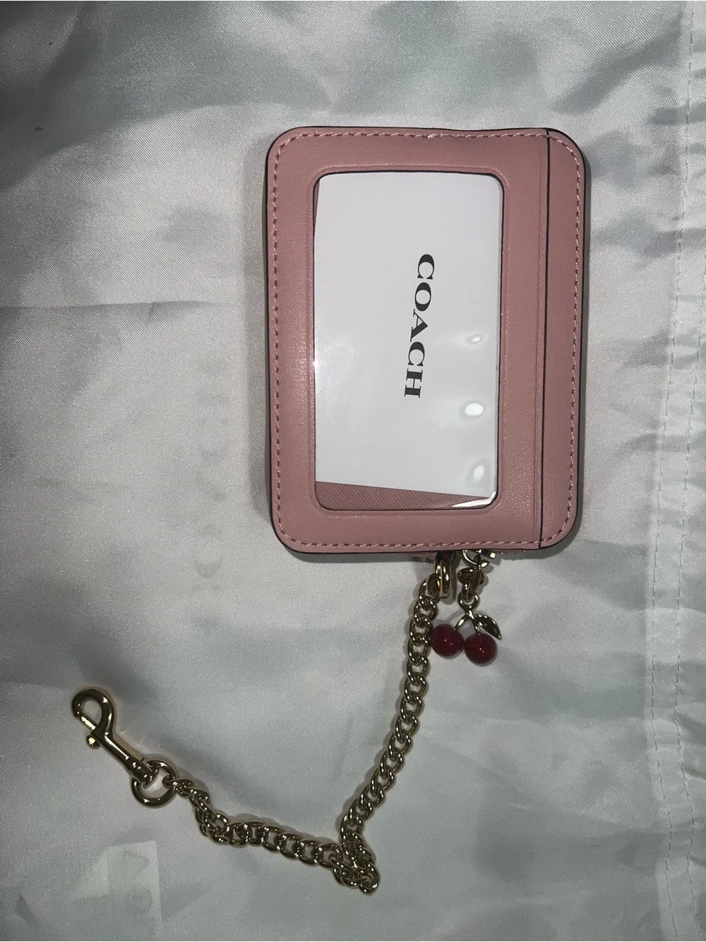 Coach Pink Denim Signature Card Zip Case w/ Gold Chain & Cherry Charm